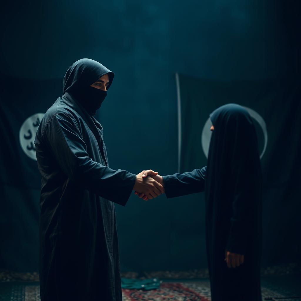 A man with his face covered shaking hands with another figure, the background displaying the ISIS flag on one side and the Pakistan flag on the other side