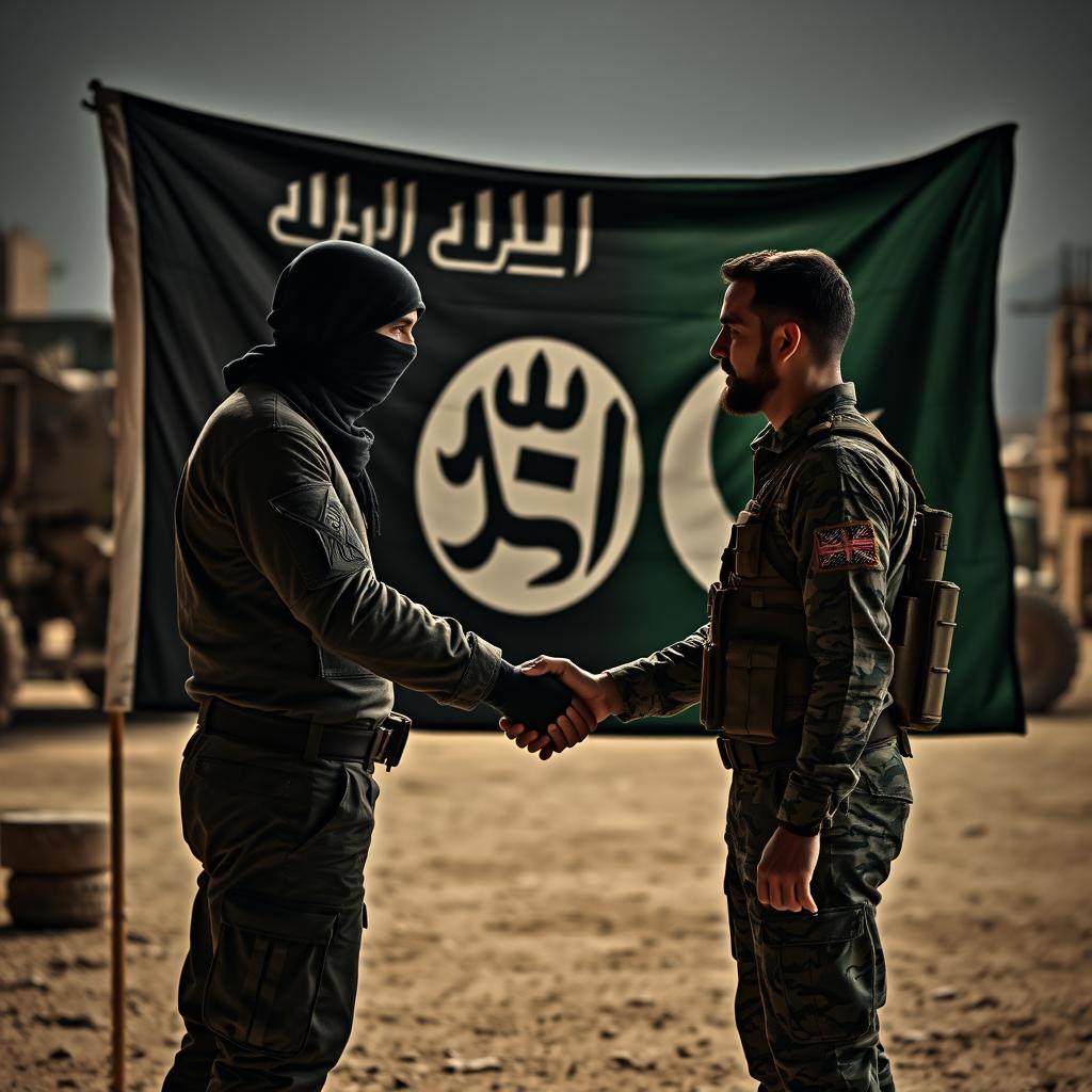 A scene depicting a handshake between a man with his face covered, positioned in front of the ISIS flag, and another man standing in front of him with the Pakistan flag behind him