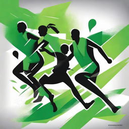 Design an energetic sports-themed artwork using a dynamic trio of green, black, and white colors, depicting vibrancy and vigorous activity.