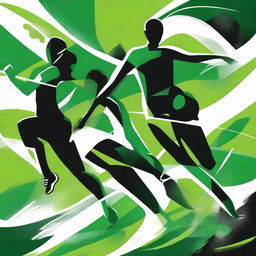 Design an energetic sports-themed artwork using a dynamic trio of green, black, and white colors, depicting vibrancy and vigorous activity.