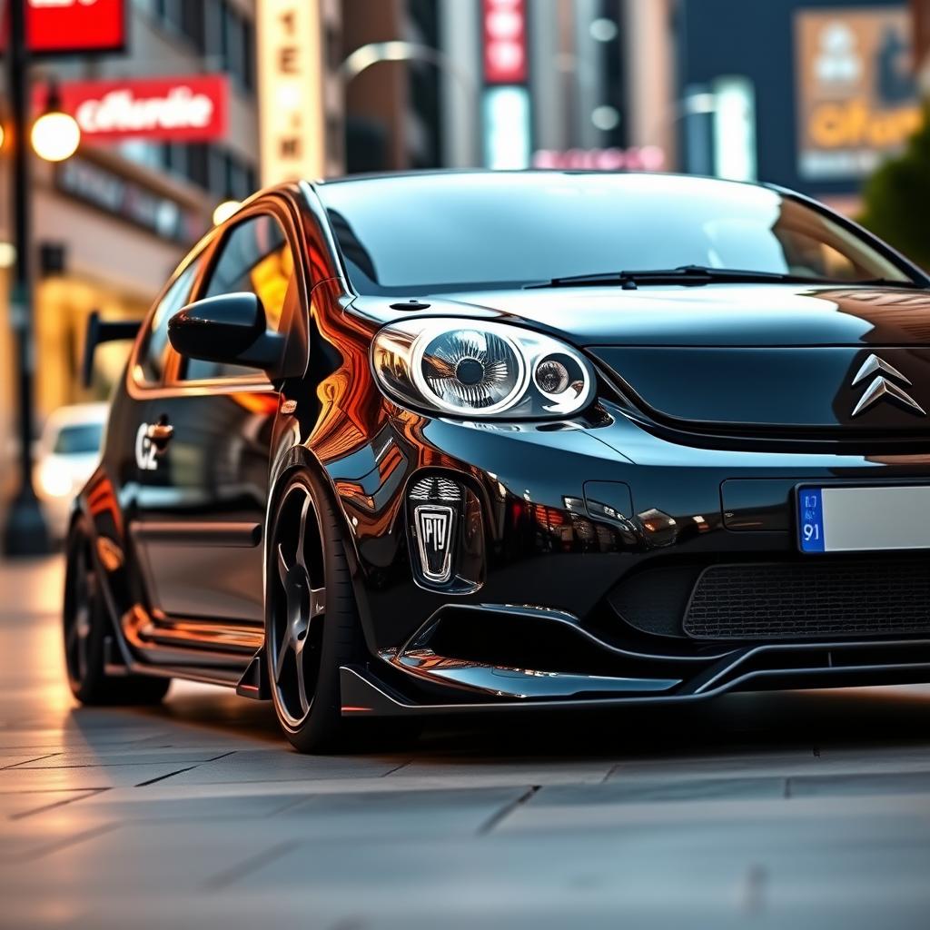 A sleek 2007 Citroen C2 Sport in a shiny black color, sporting a striking JDM-style body kit