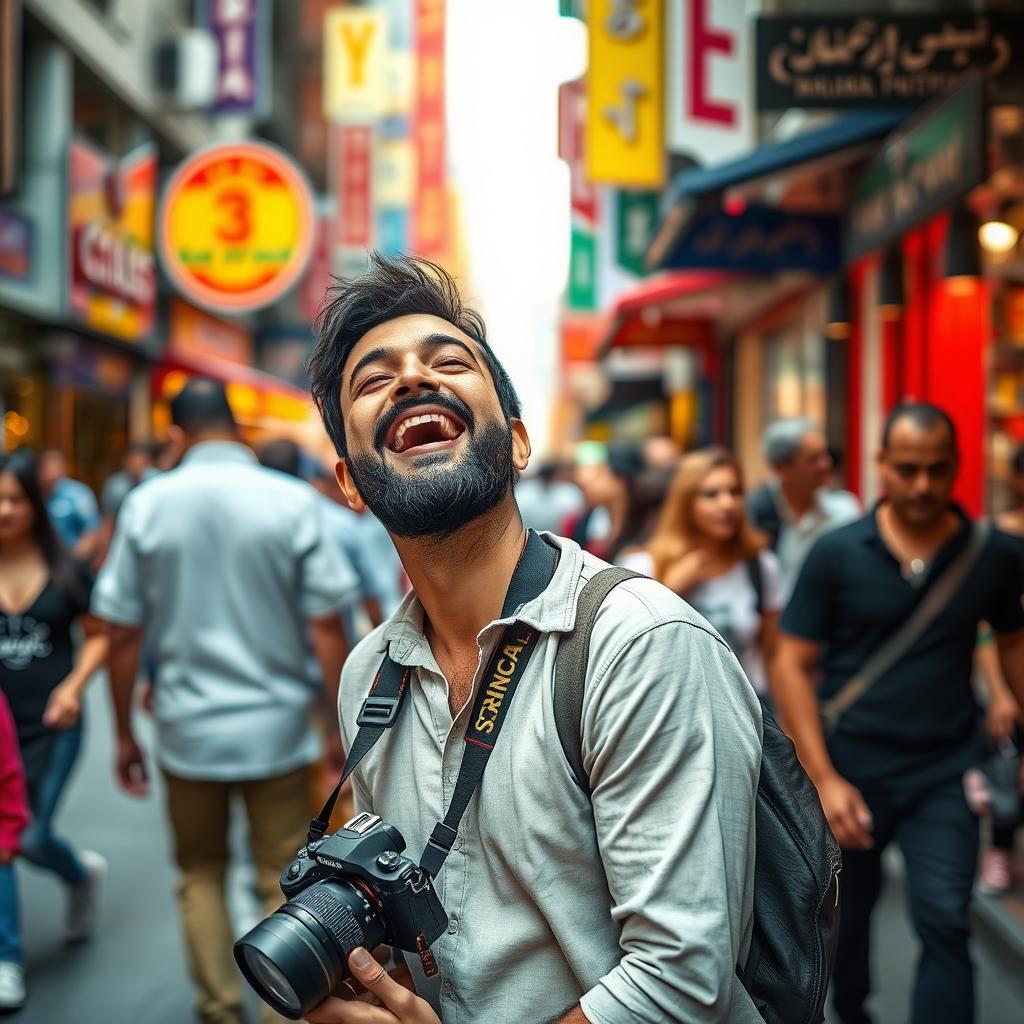 A photographer named Amir Asofi laughing in a busy street, surrounded by vibrant city life, with people walking by and colorful storefronts in the background