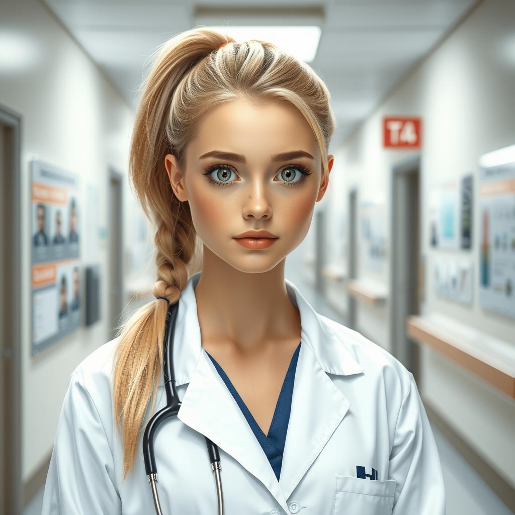 A beautiful young blonde female doctor with her hair in a ponytail and light-colored eyes, walking down a hospital hallway