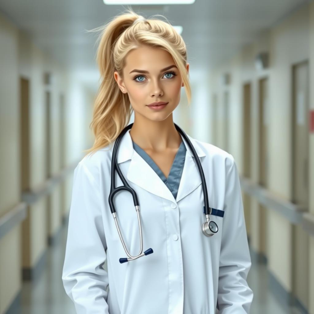 A beautiful young blonde female doctor with her hair styled in a ponytail, featuring light colored eyes and a naive baby face type look