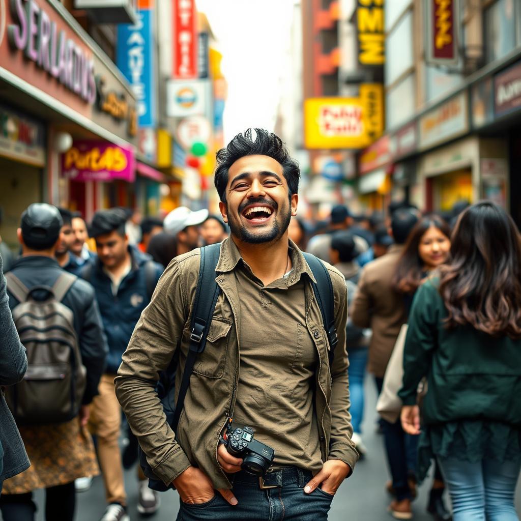 A photographer named Amir Asafi, bursting with laughter, stands in a bustling street filled with people