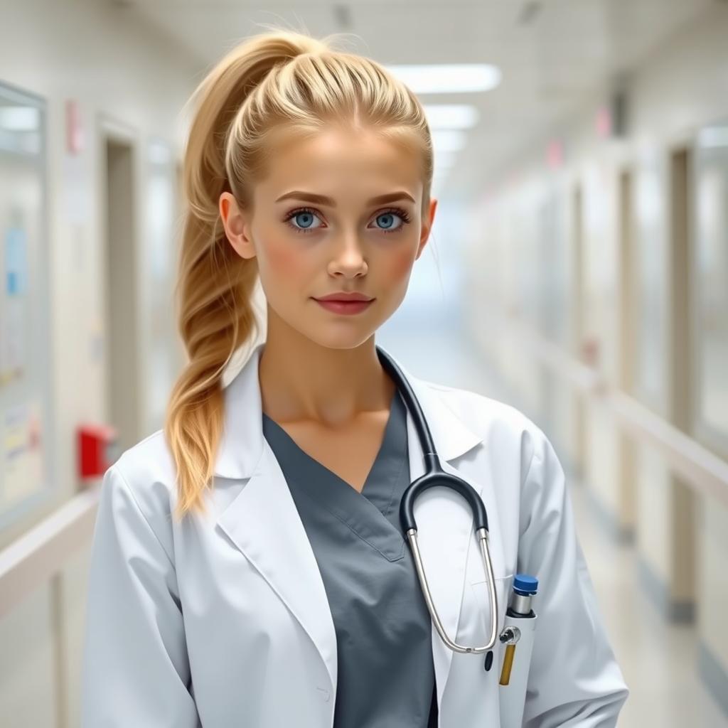 A beautiful young blonde female doctor with her hair in a ponytail and light colored eyes, exemplifying a naive baby face look