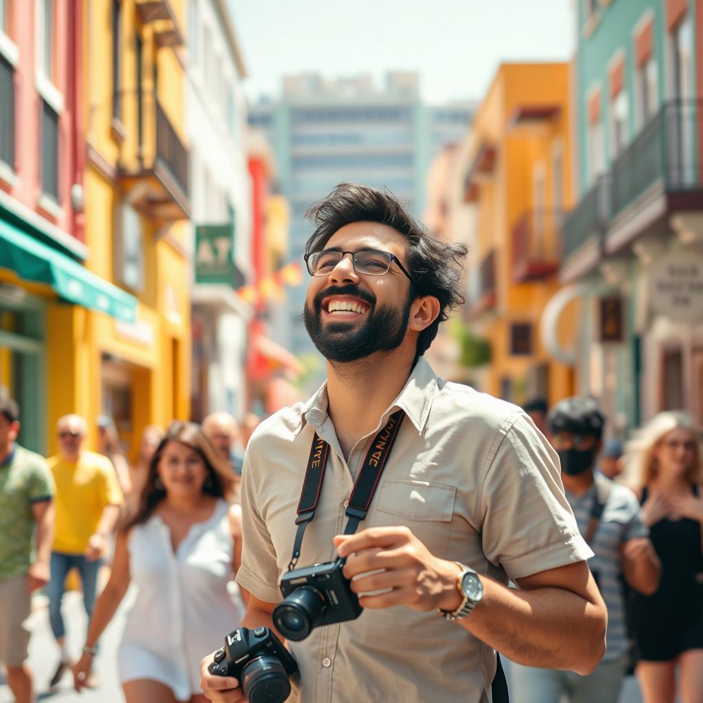 A cheerful photographer named Amir Asefi laughing joyfully in a vibrant urban street setting, surrounded by colorful buildings and lively passersby