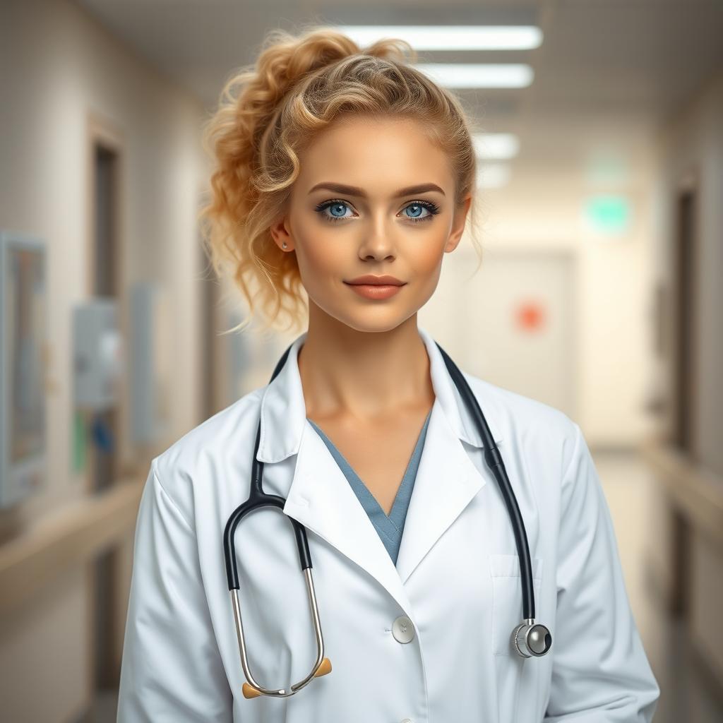 A beautiful young blonde female doctor with curly hair styled in a ponytail, displaying light colored eyes and a naive baby face type look