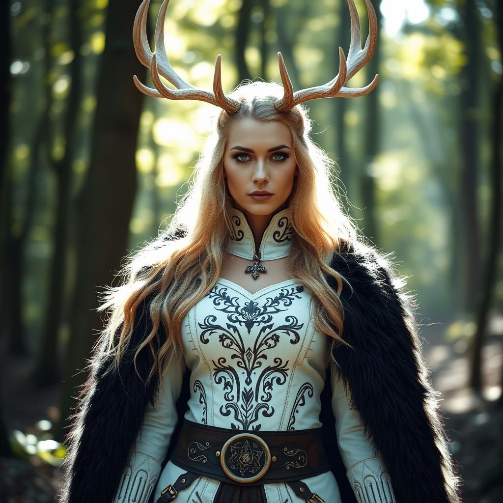 A stunning blond Russian woman wearing a druid-inspired outfit that features an impressive white leather ensemble complemented by majestic white stag antlers atop her head