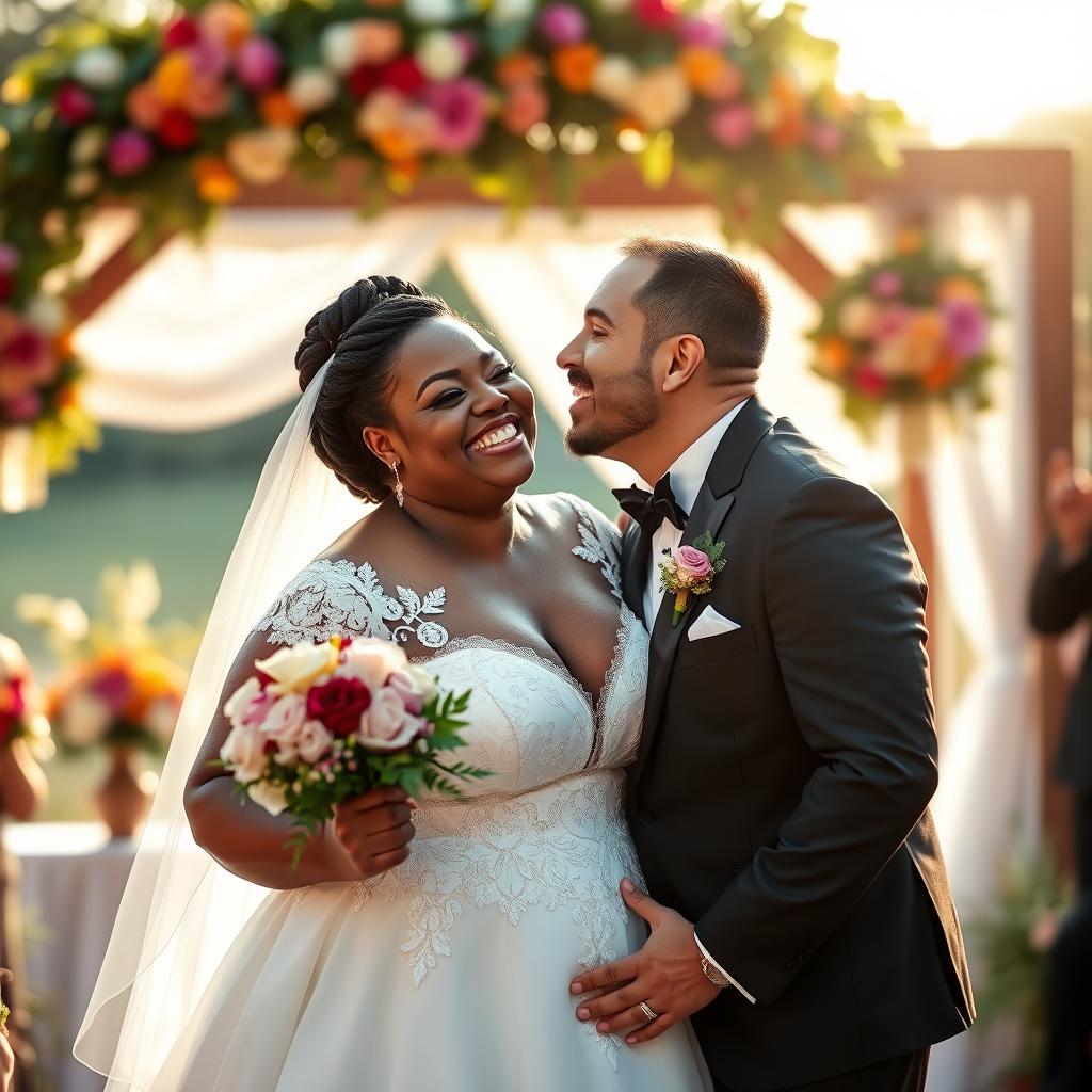 A joyful moment capturing a groom kissing his chubby bride, both are smiling affectionately
