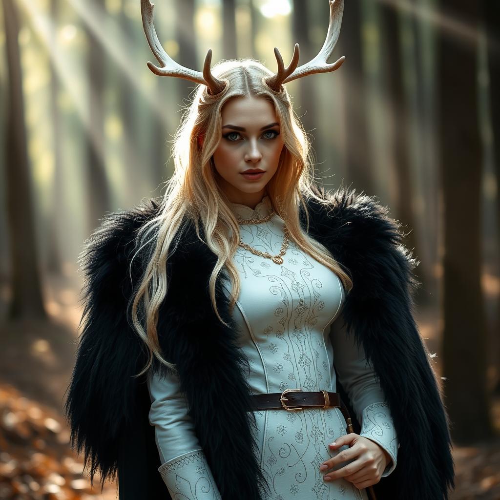 A beautiful blond Russian woman wearing a druid-inspired outfit, featuring a striking white leather ensemble adorned with elegant designs