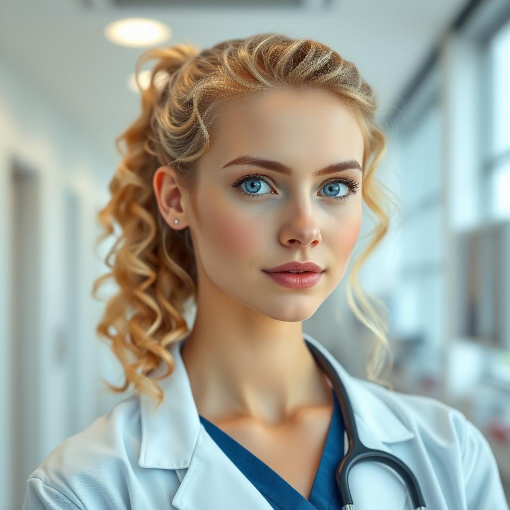 A photorealistic image of a young blonde female doctor with a Scandinavian-Slavic appearance