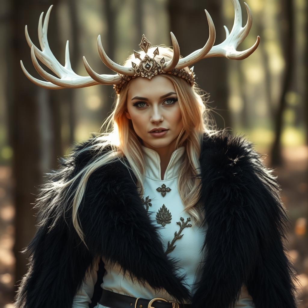 A mesmerizing blond Russian woman adorned with a druid crown featuring stunning white stag antlers, elegantly perched atop her head