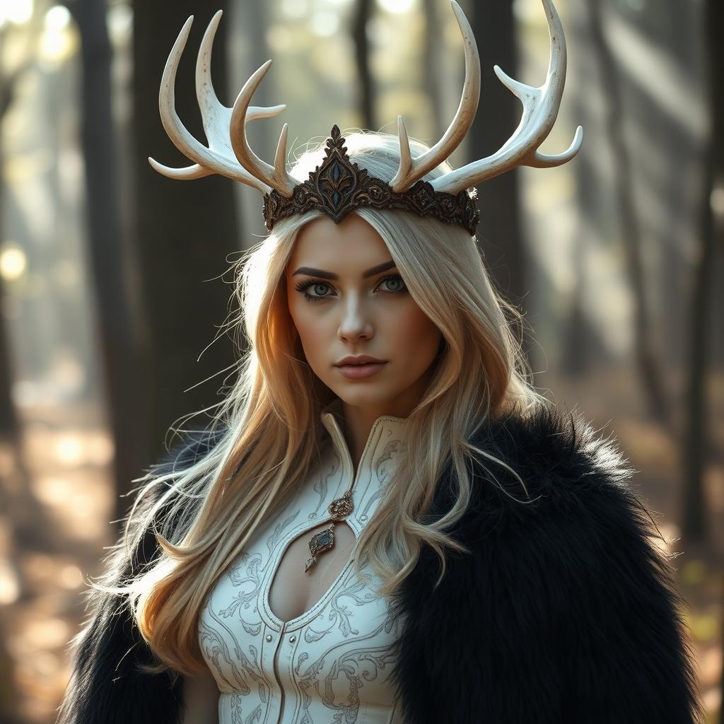 A captivating blond Russian woman wearing a stunning druid crown featuring six-point white stag antlers, showcasing her enchanting connection to nature