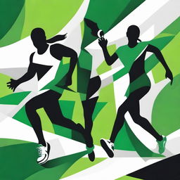 Design an energetic sports-themed artwork using a dynamic trio of green, black, and white colors, depicting vibrancy and vigorous activity.