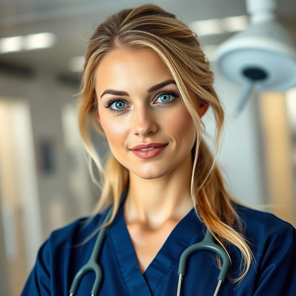 A beautiful woman aged 30-35 with European features, fair skin, light blonde hair, and blue eyes
