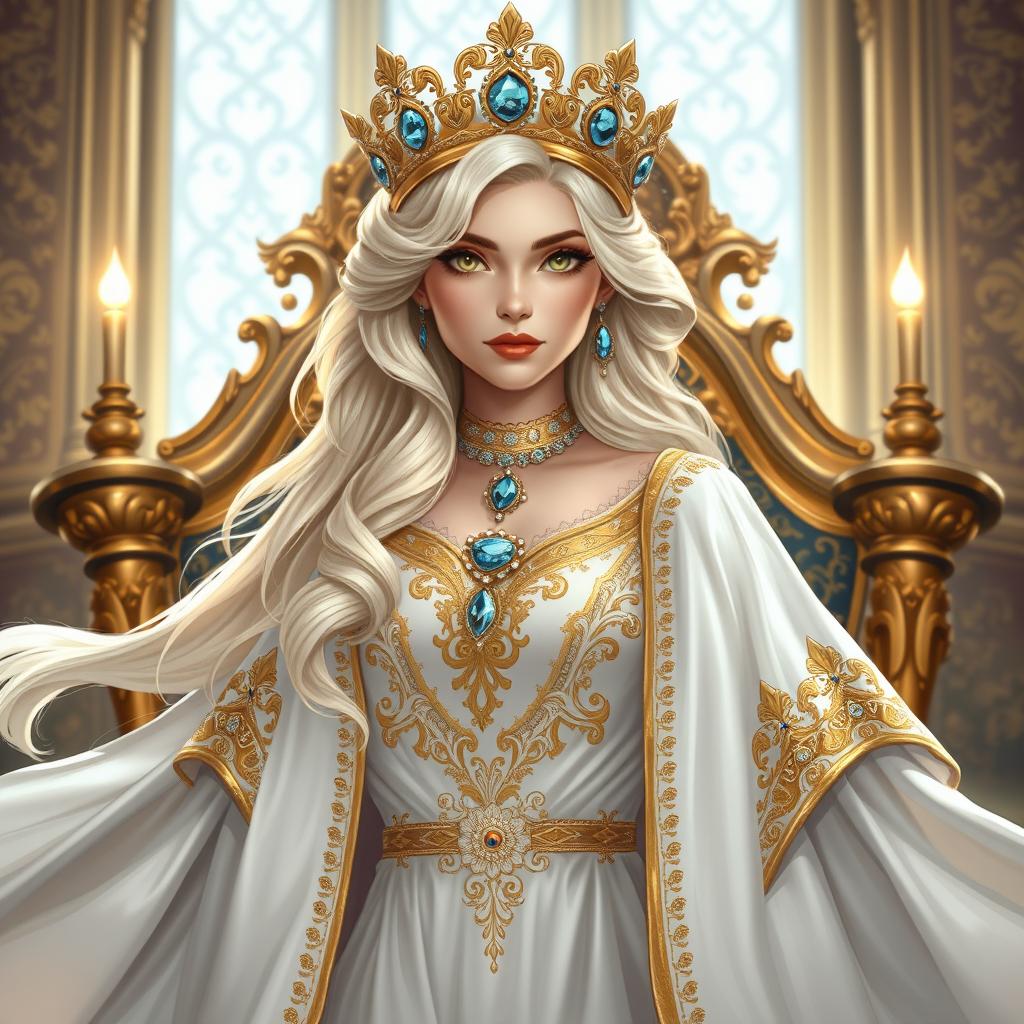 An enchanting Dungeons and Dragons illustration of a richly-adorned queen with luxurious pale blonde hair elegantly styled