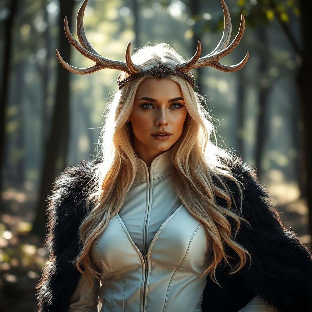 A stunning blond Russian woman adorned with a druid headpiece featuring six-point white antlers, showcasing her ethereal beauty and connection to nature