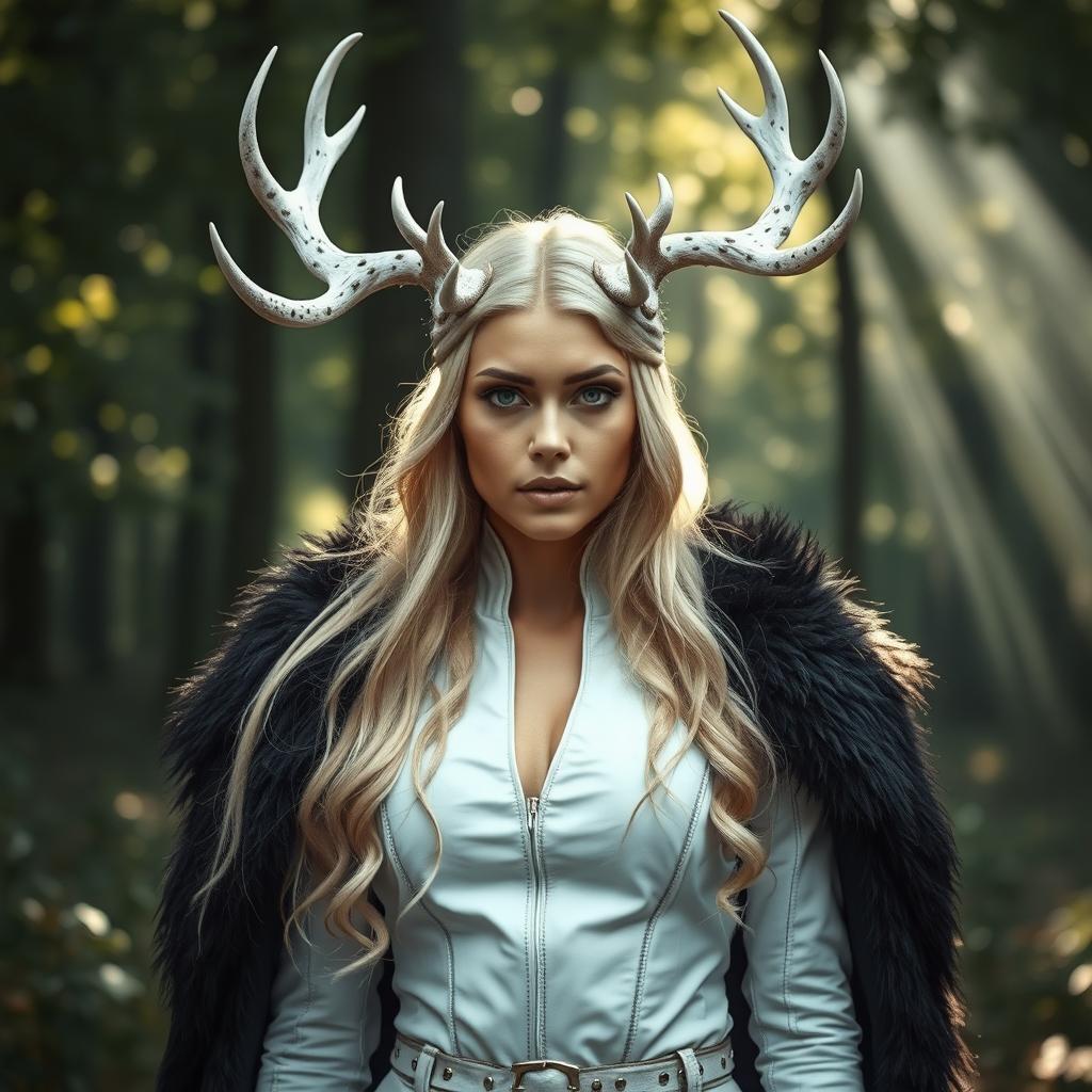 An enchanting blond Russian woman embodying the spirit of druidism, adorned with a striking white six-point antler headpiece that symbolizes her deep connection to nature