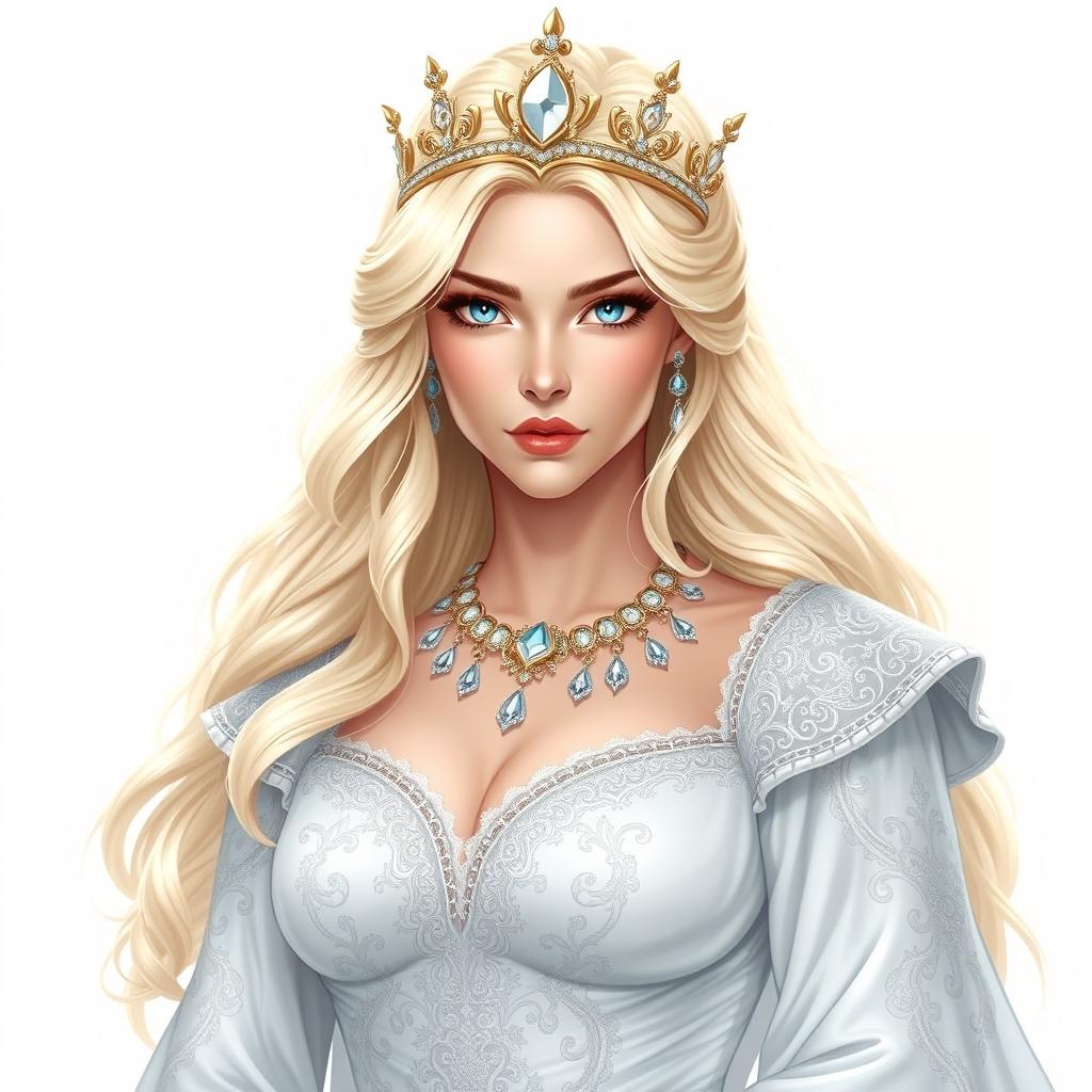 A stunning Dungeons and Dragons illustration of a richly-adorned queen with luxurious pale blonde hair cascading elegantly around her shoulders and striking pale blue eyes that radiate grace and authority