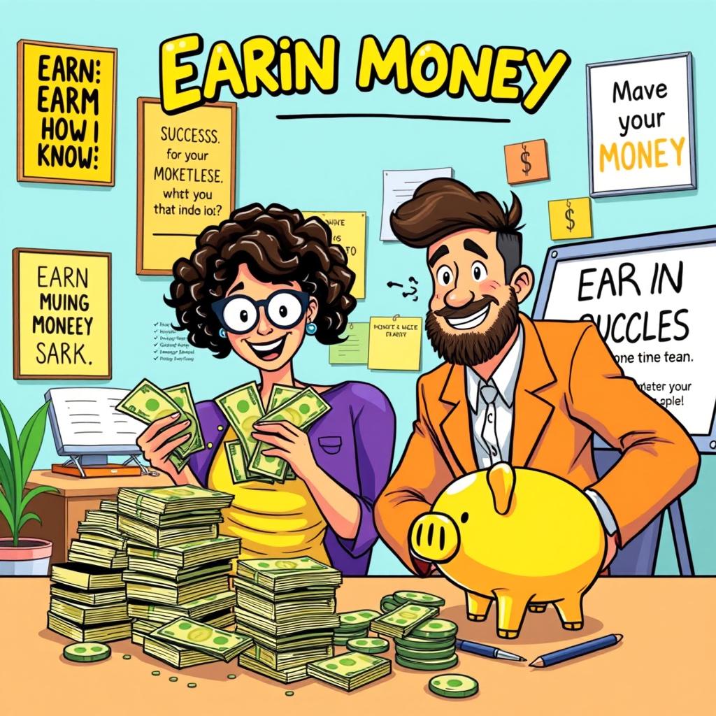 A creative illustration representing the concept of earning money, featuring a whimsical scene of two characters, one counting stacks of cash and the other looking excitedly at a golden piggy bank