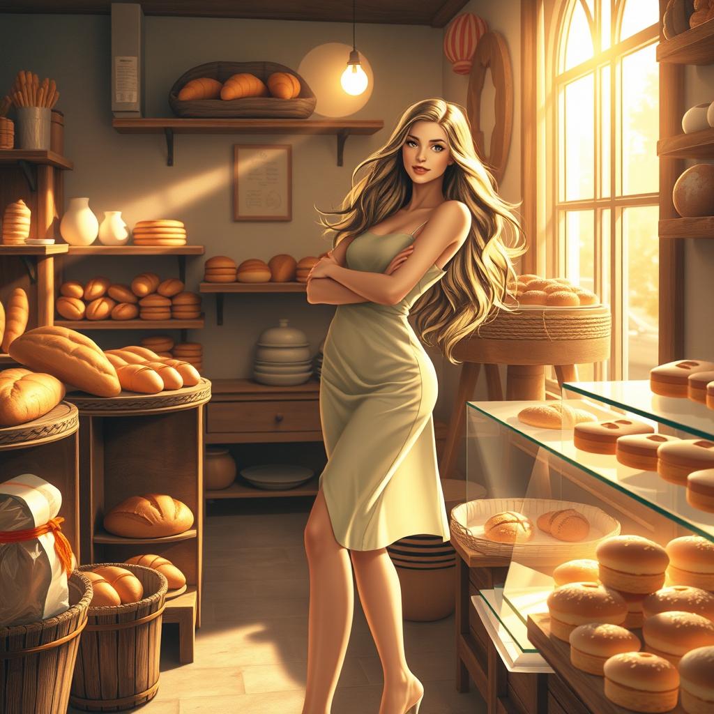 A whimsical scene depicting a bakery with an artistic twist, showcasing a beautiful woman standing confidently in a striking pose, exuding elegance and charm