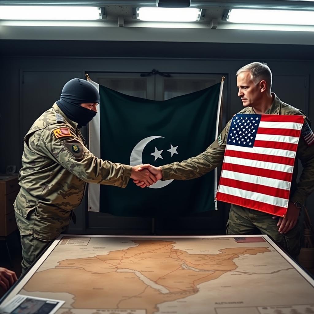 Three military men in a tense military base setting, engaging in a handshake