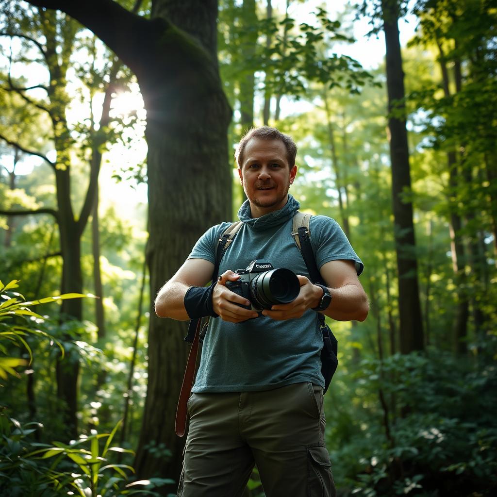 A photographer standing in a lush, green forest, holding an oversized vintage camera with a large lens, surrounded by tall trees and vibrant foliage