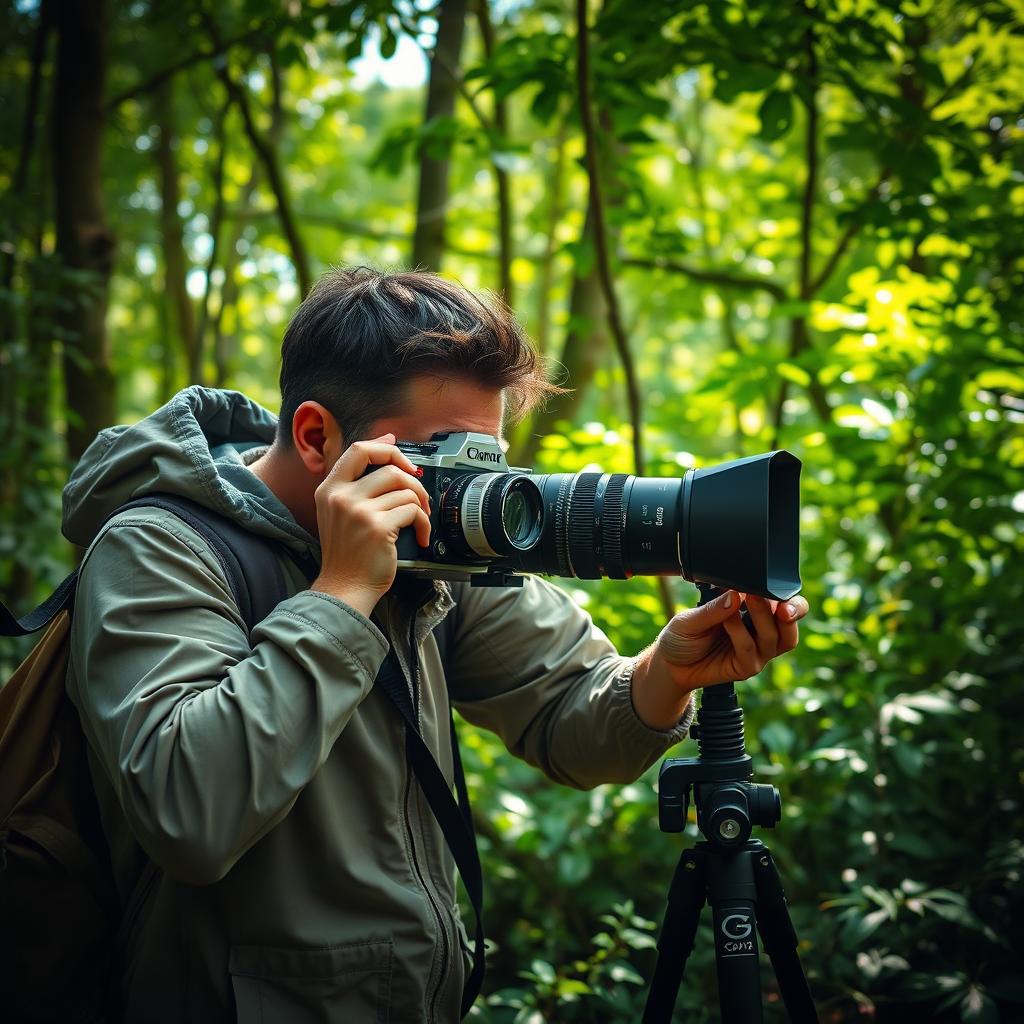 A photographer in a lush green forest, actively taking a photograph with a large vintage camera