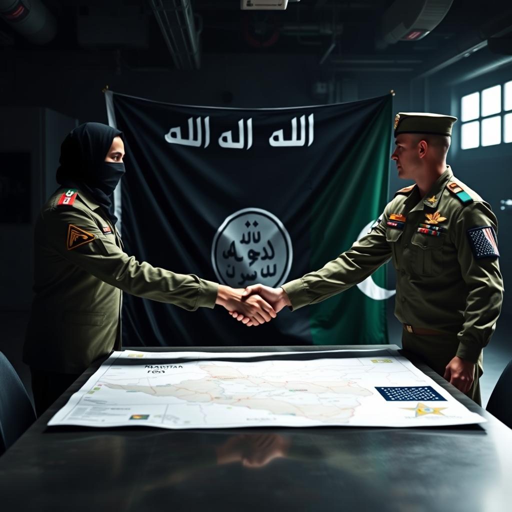 A scene featuring a man with his face covered standing behind the ISIS flag, alongside a military man representing the Pakistan flag and another military man representing the American flag
