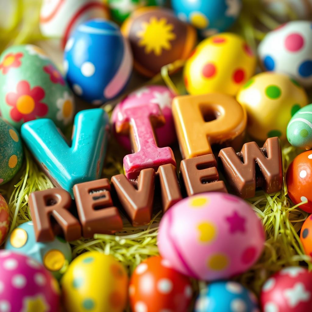 A delicious composition featuring the text 'VIP REVIEW' made out of chocolate, beautifully arranged amidst colorful, artistic Easter eggs