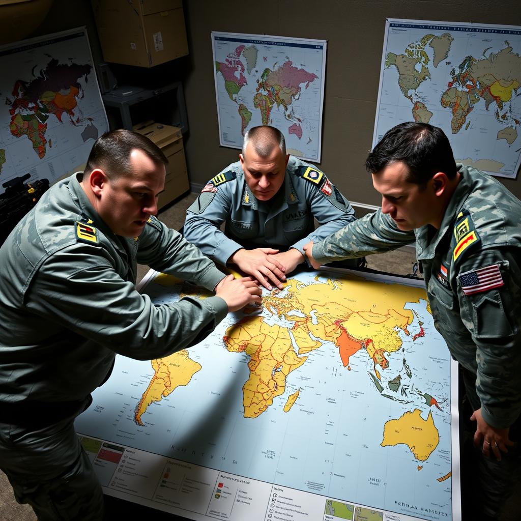 Three military men gathered around a large map of the world, with their hands resting on top of each other in a collaborative gesture