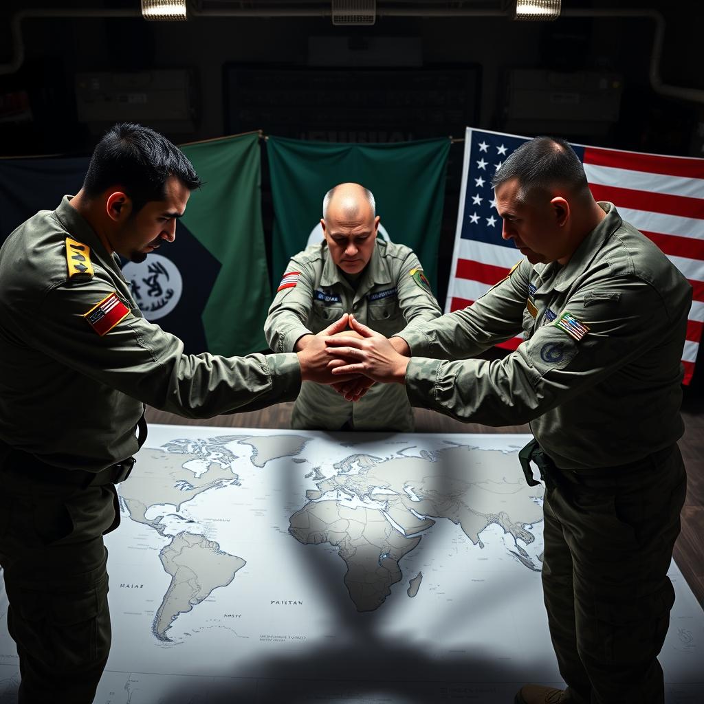 Three military men united in a serious discussion, with their hands placed over one another on a large map of the world