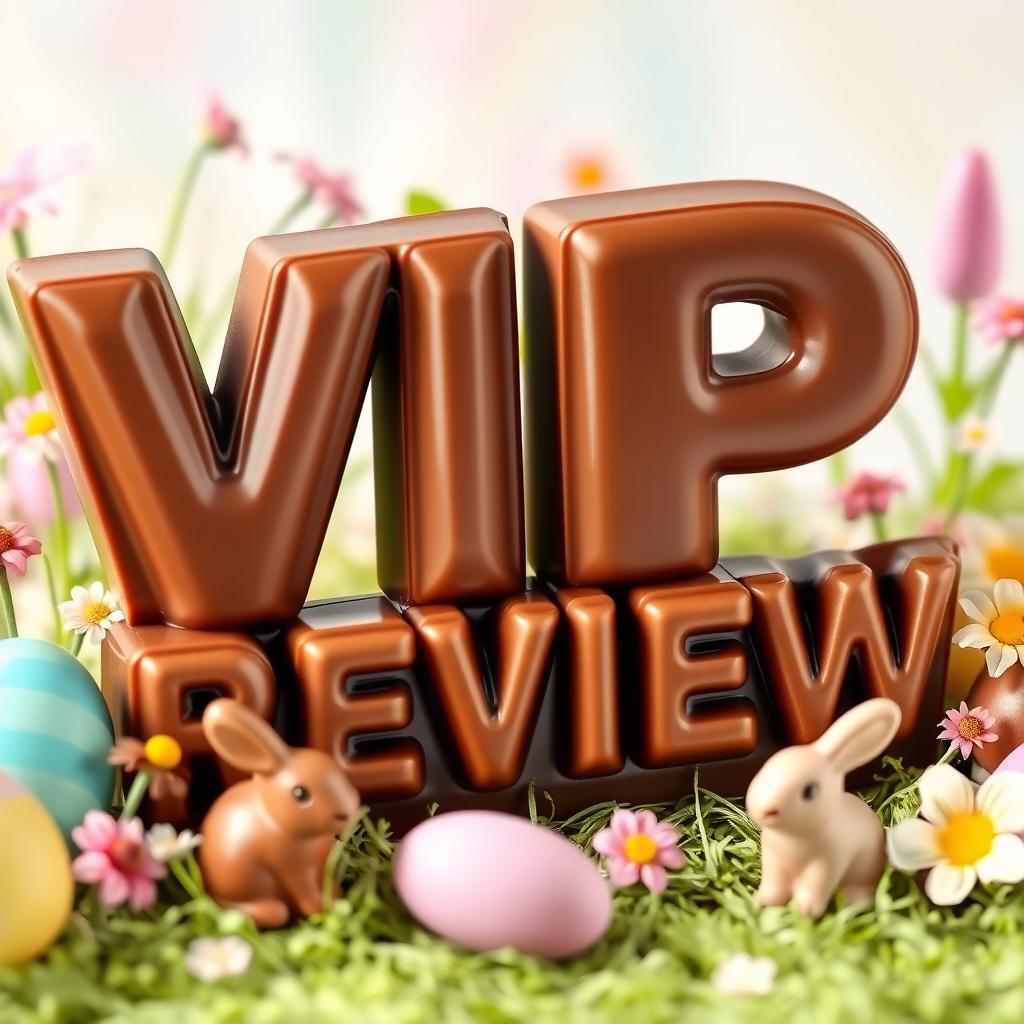 A festive Easter-themed scene featuring the text 'VIP REVIEW' made of milk chocolate