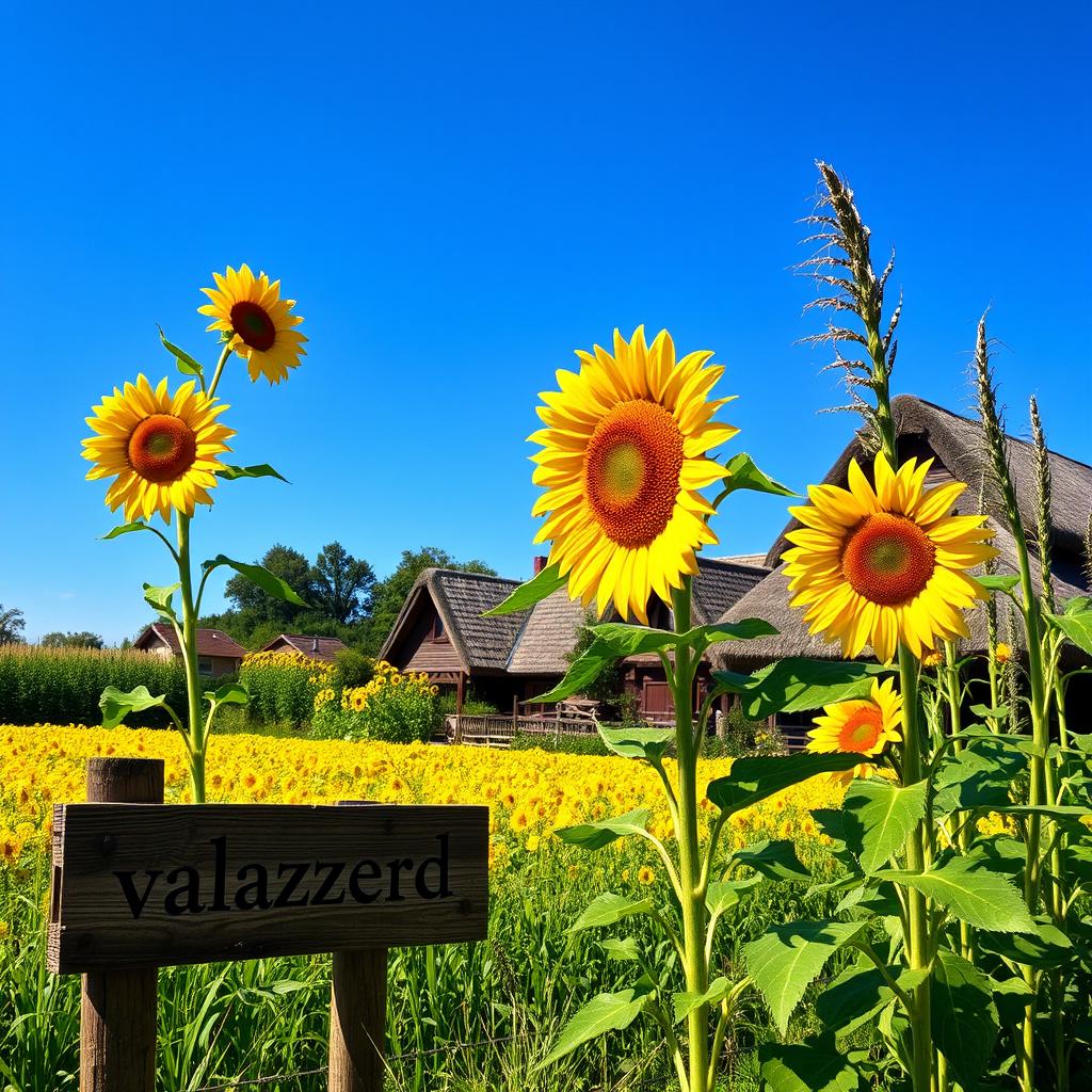 A beautiful rural village scene featuring vibrant sunflower fields and lush corn fields