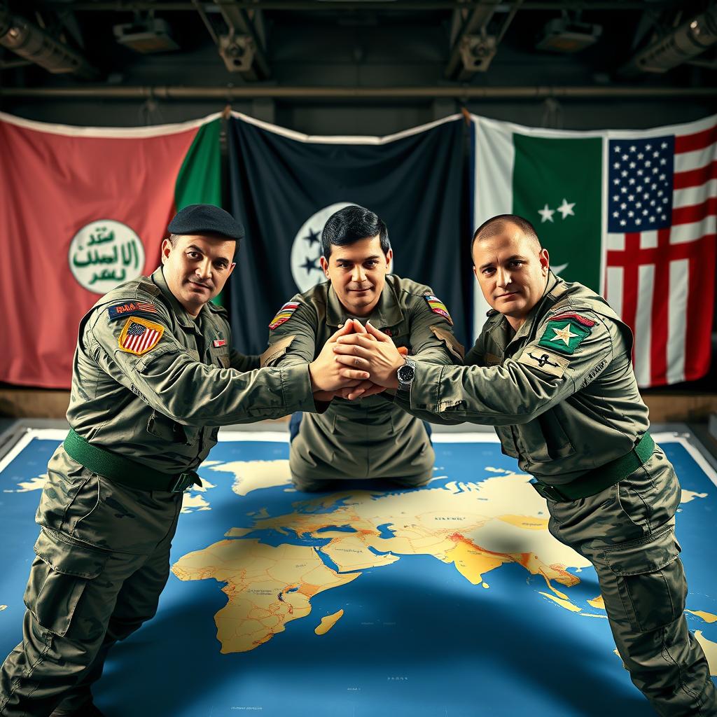 Three military men firmly placing their hands over each other on a large map of the world, positioned inside a dynamic military base setting