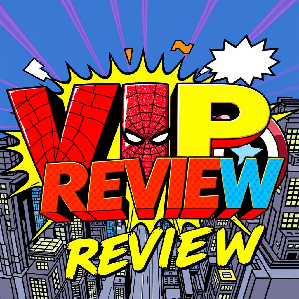 An artistic depiction of the words 'VIP REVIEW' styled in a vibrant Marvel theme