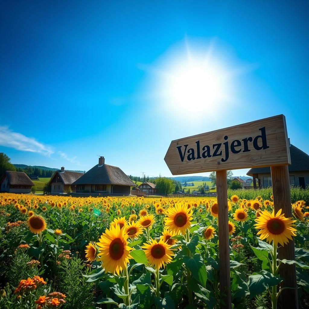 A beautiful village landscape featuring vibrant sunflower and corn fields under a bright blue sky, with a rustic wooden sign that reads "Valazjerd" prominently placed in the scene