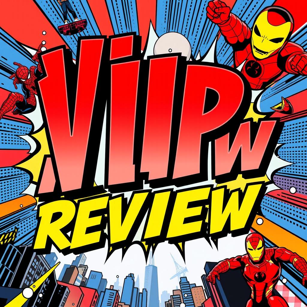 A dynamic and vibrant poster featuring the text 'VIP REVIEW' in bold, stylized letters, inspired by Marvel's comic book aesthetic