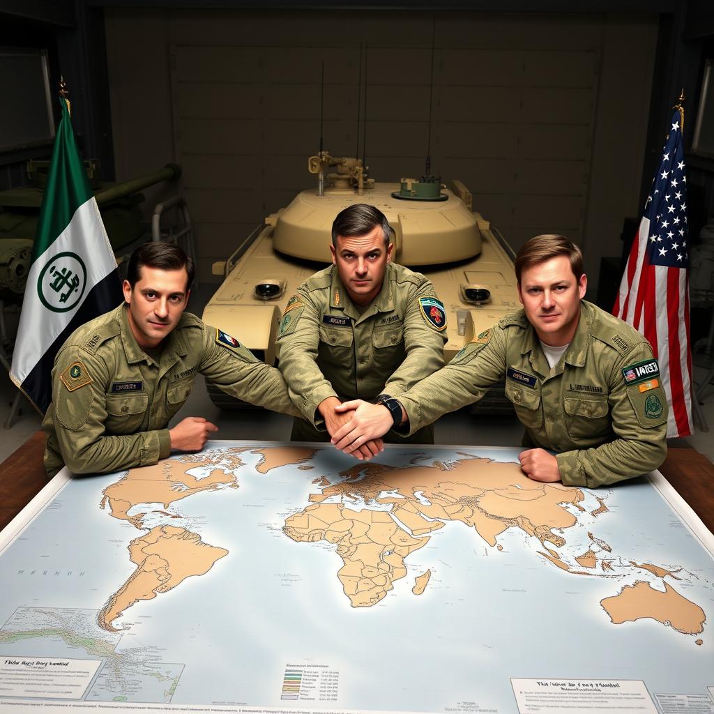 Three military men positioned around a large map of the world, with their hands stacked on top of each other, symbolizing unity and strategy in a military base