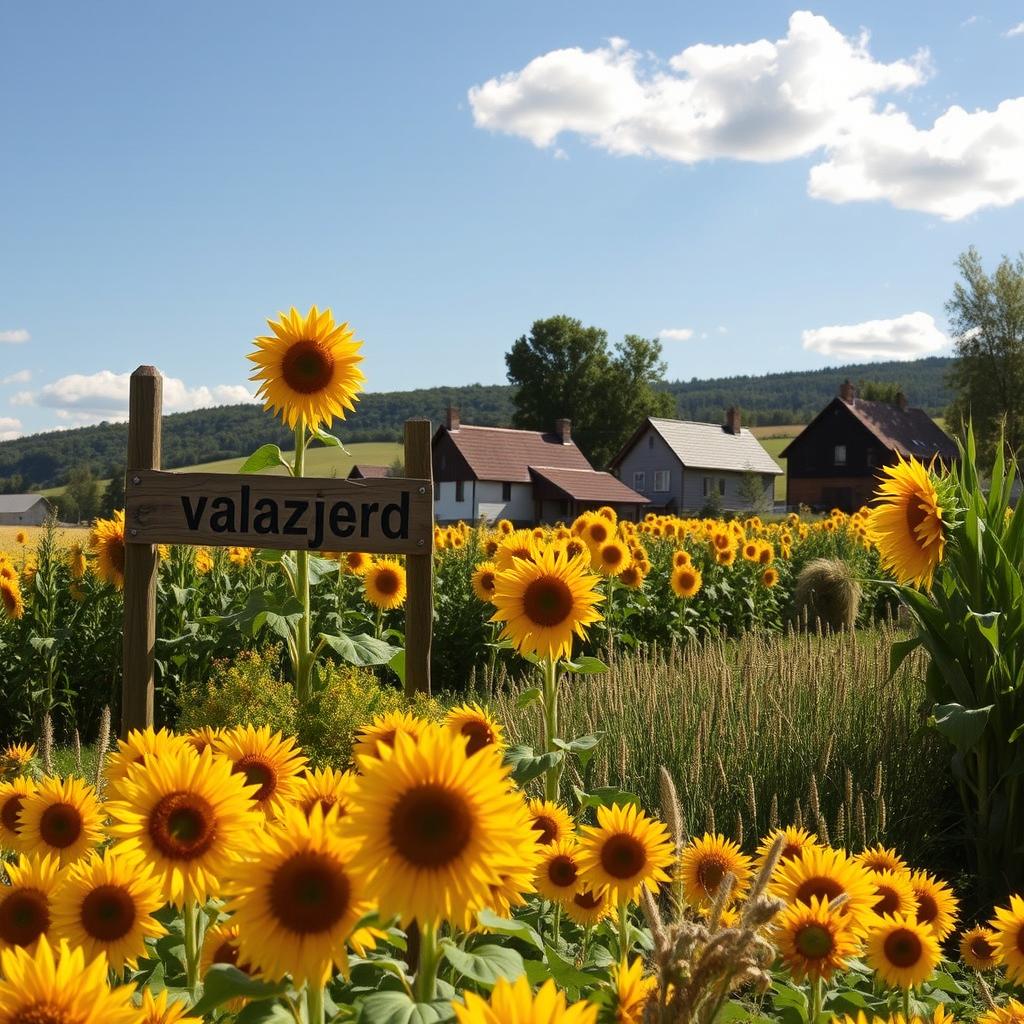 A picturesque village scene featuring vibrant sunflower fields and cornfields, with a charming village backdrop
