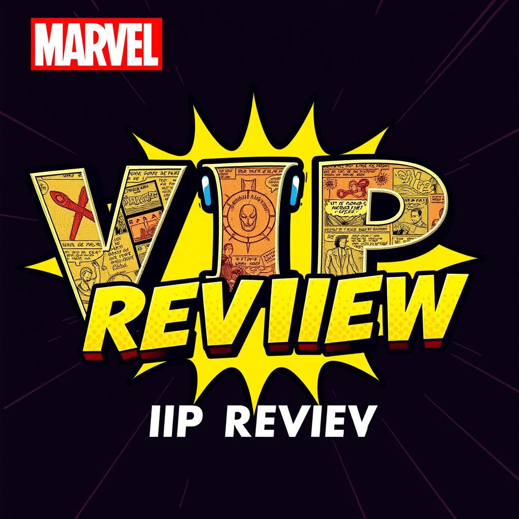 A vibrant and dynamic graphic showcasing the text "VIP REVIEW" in a Marvel-inspired style