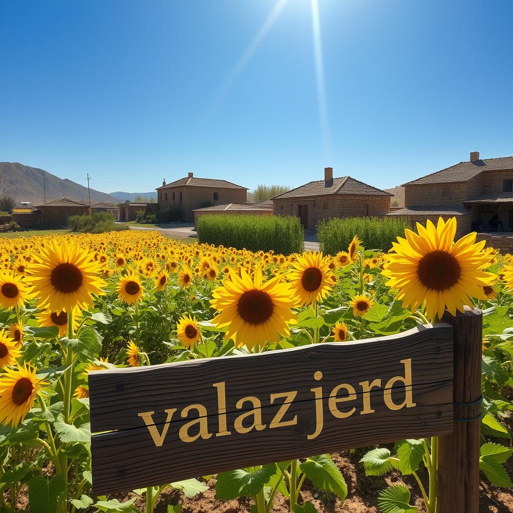 A picturesque old village in Iran featuring golden sunflower fields and lush corn crops, with traditional mud-brick houses in the background