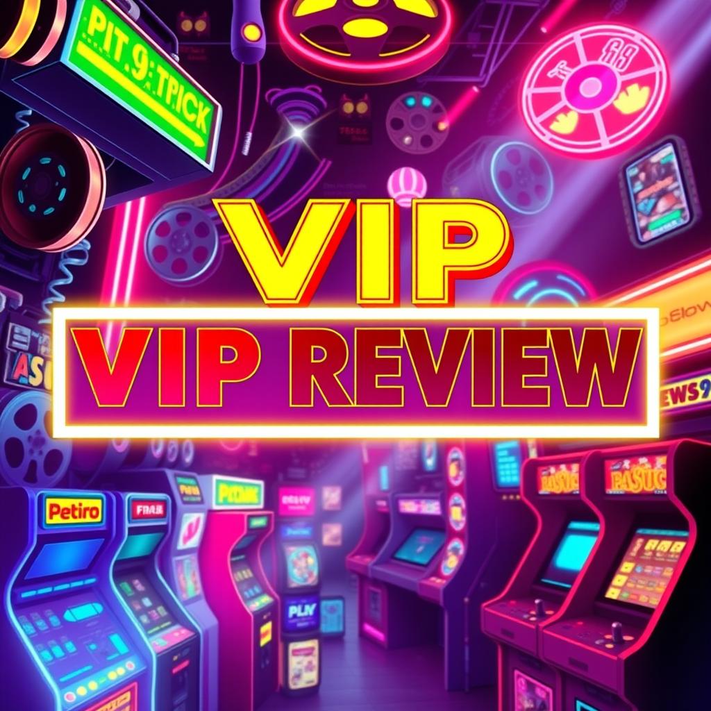A vibrant and eye-catching design featuring the bold text 'VIP REVIEW' prominently displayed in a stylized font reminiscent of the 1980s movie posters