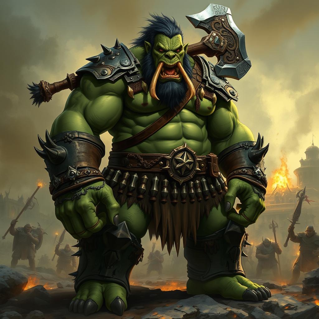 An imposing Dungeons and Dragons illustration of a Big Boss Orc Leader, towering over his surroundings with a fearsome presence