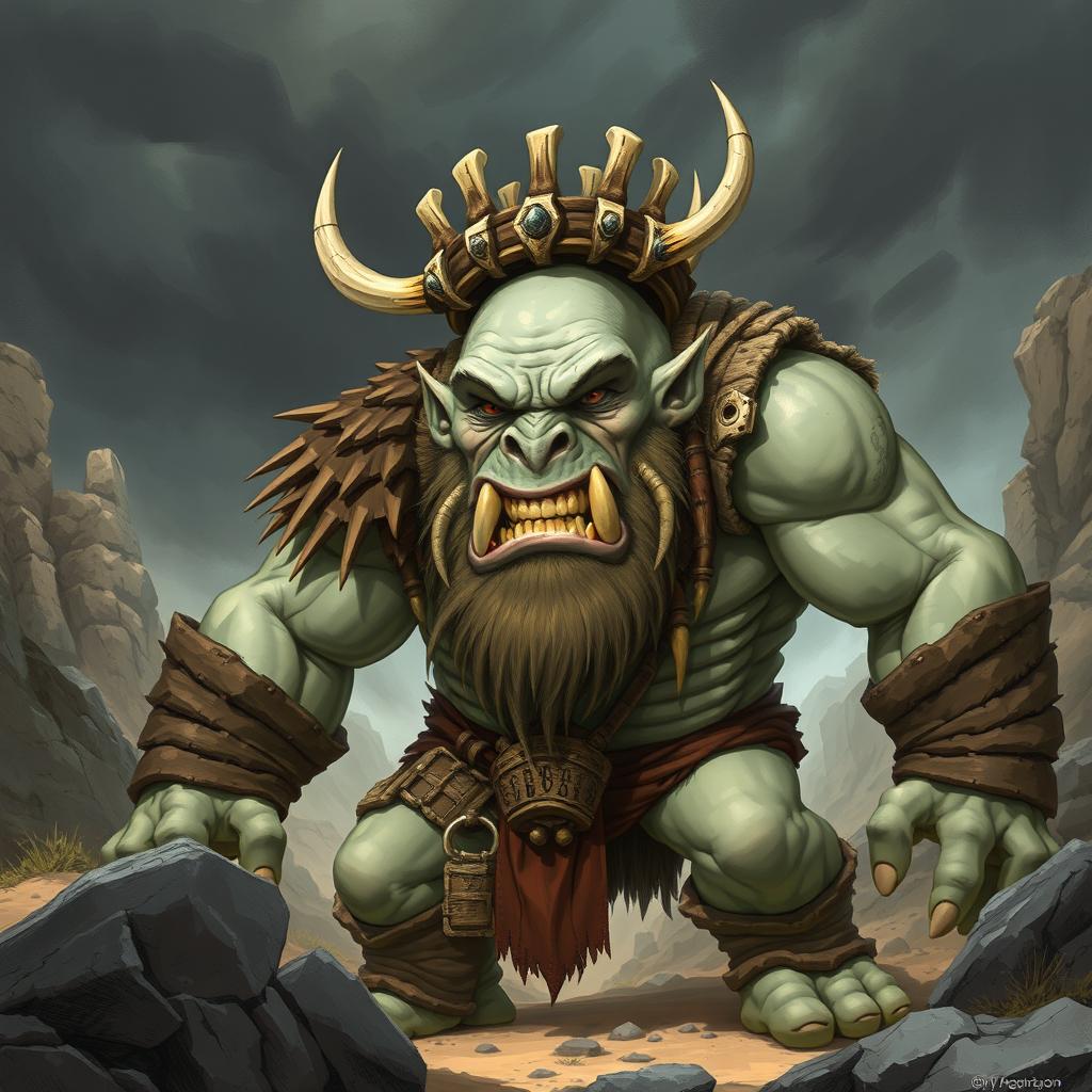 A powerful Dungeons and Dragons illustration of a big, bald, pale-gray orc, exuding a commanding presence