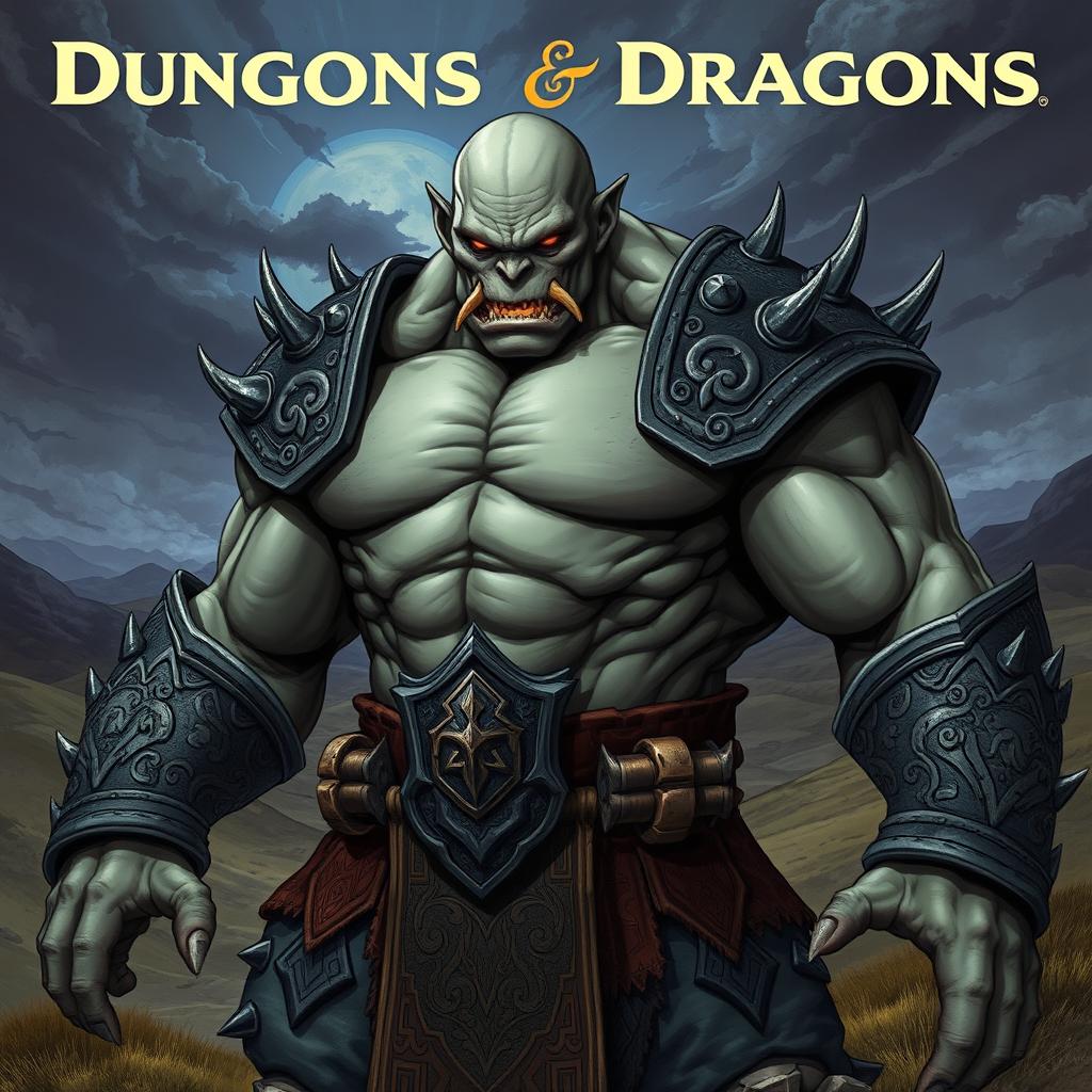A dynamic Dungeons and Dragons illustration featuring a tall, muscular, bald orc with pale-gray skin