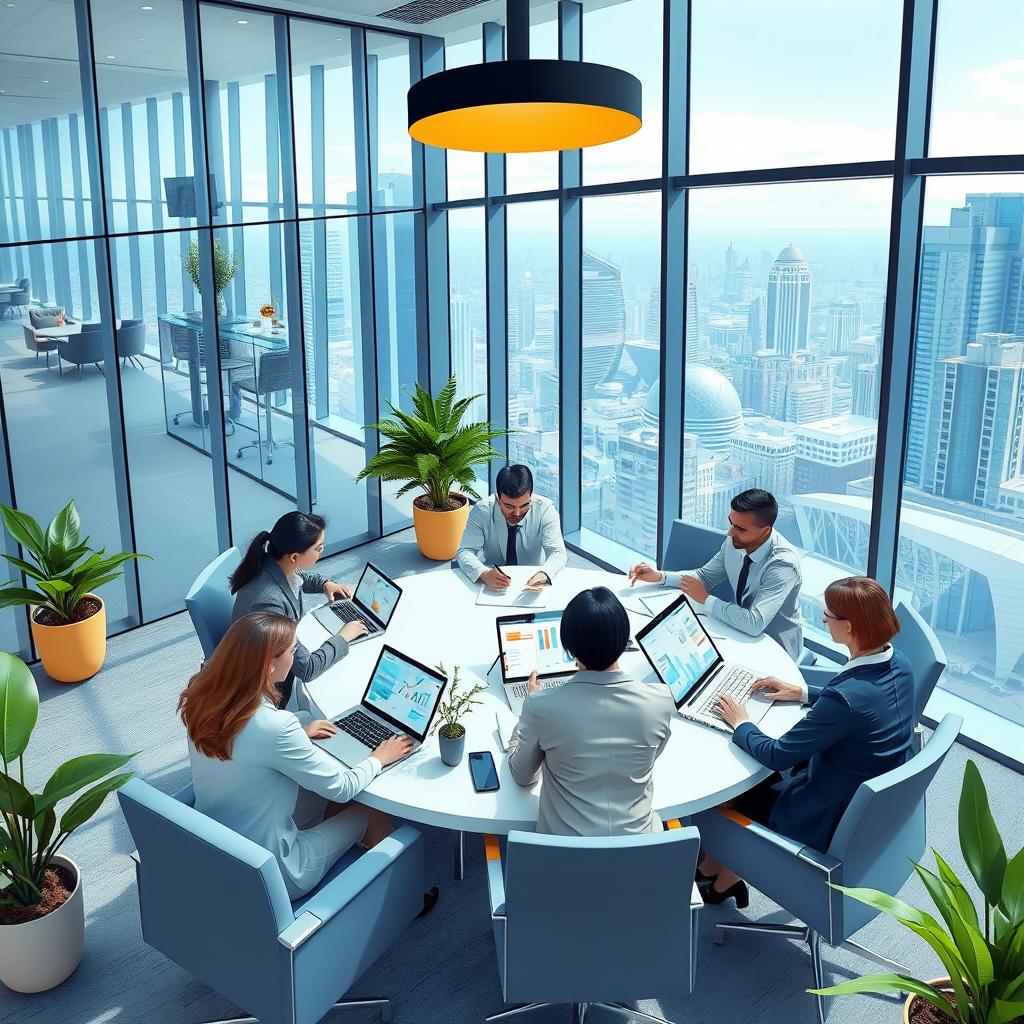 An artistic representation of a modern business environment, featuring a sleek office space with glass walls and contemporary furniture
