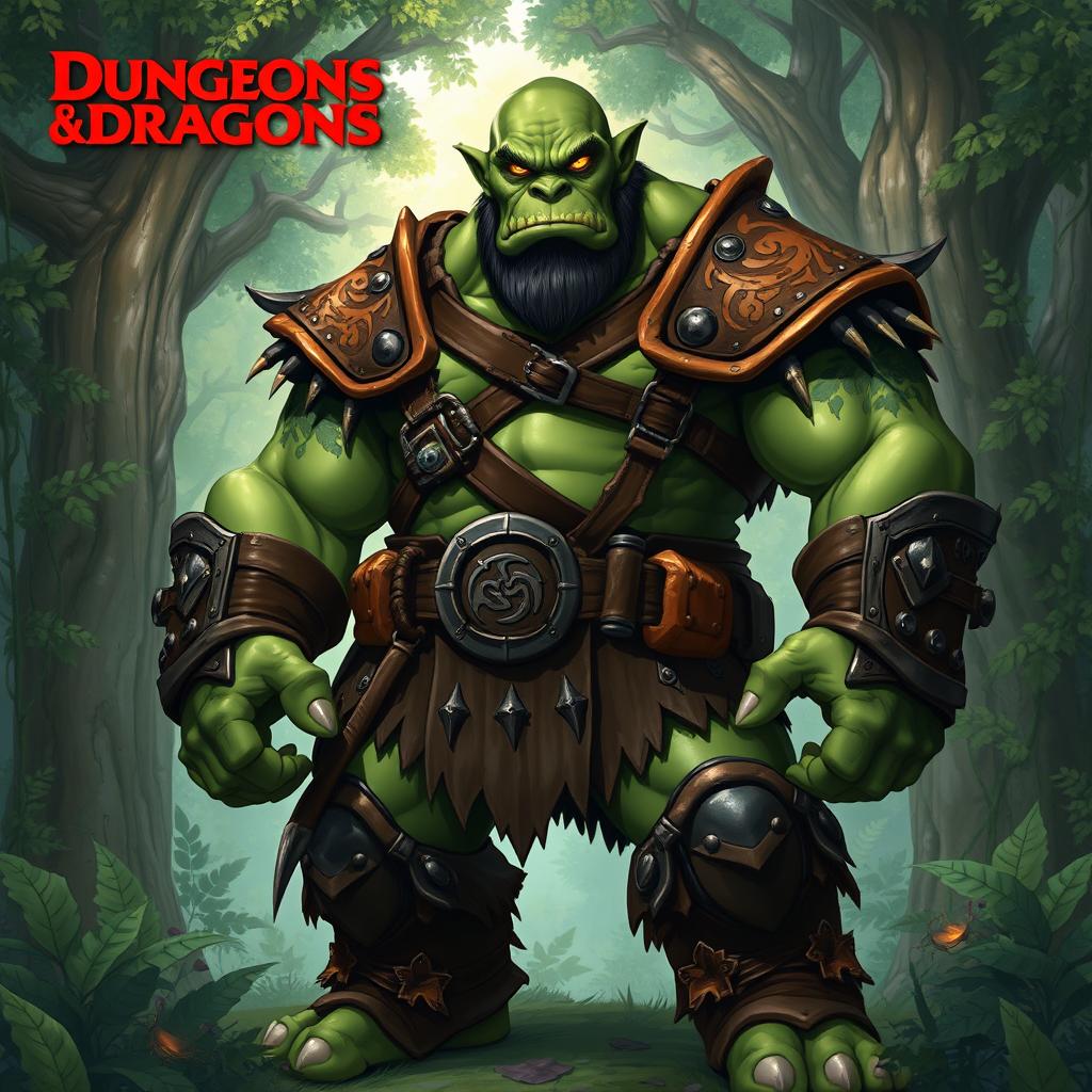 A vibrant Dungeons and Dragons illustration showcasing a tall, broad-shouldered bald orc with green skin