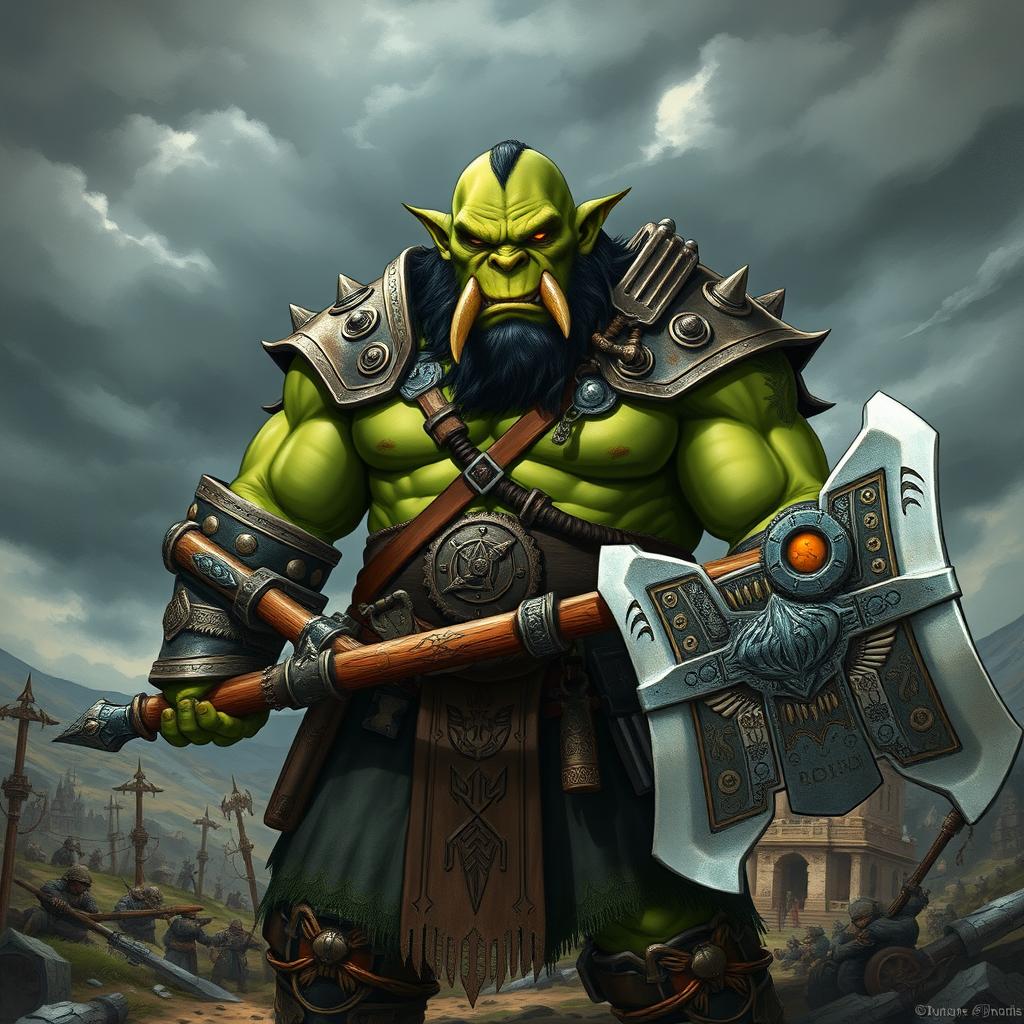 A detailed Dungeons and Dragons style illustration of a tall, broad-shouldered bald green orc soldier